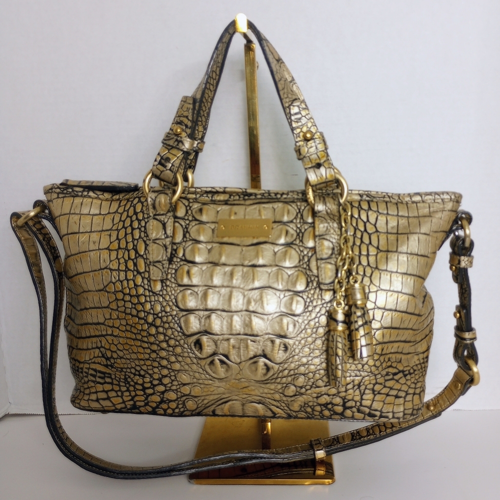 Brahmin Gold Filigree Mini Asher Croc Embossed Leather Crossbody Satchel Purse